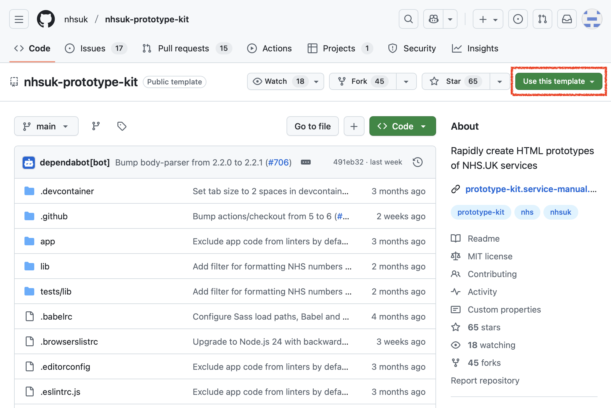 Screenshot showing a page on the GitHub.com website with the title ‘nhsuk-prototype-kit’. There are 2 green buttons on the page, one is labelled ‘Use this template’ and is circled in red, the other is labelled ‘Code’ and is not circled.