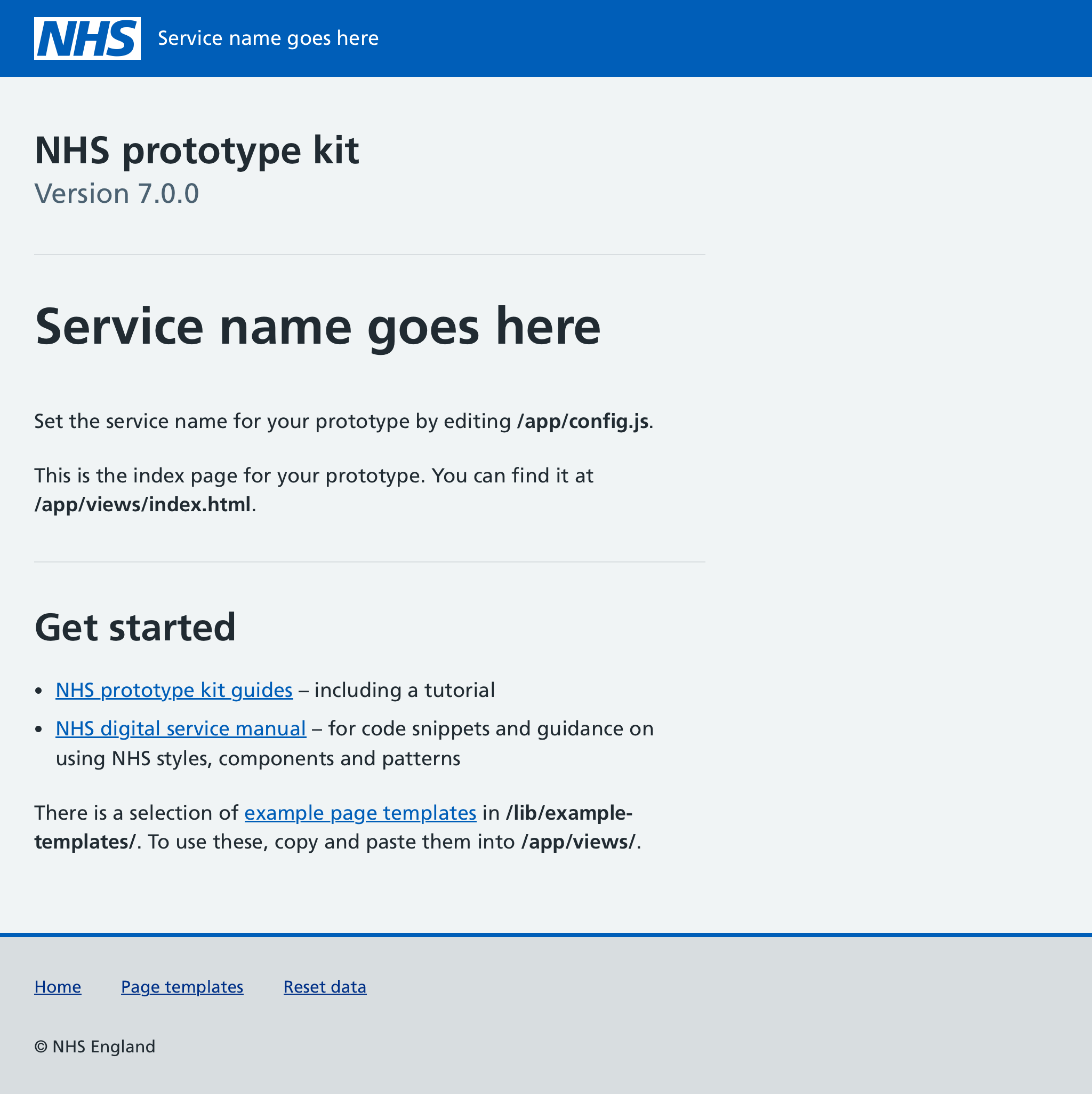 Screenshot of the prototype kit welcome page